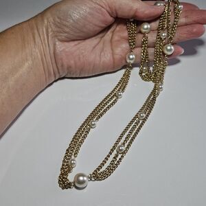Vtg 1970s Emmons Scenario Faux Pearl Bead Gold Tone Chain Necklace Bracelet Set